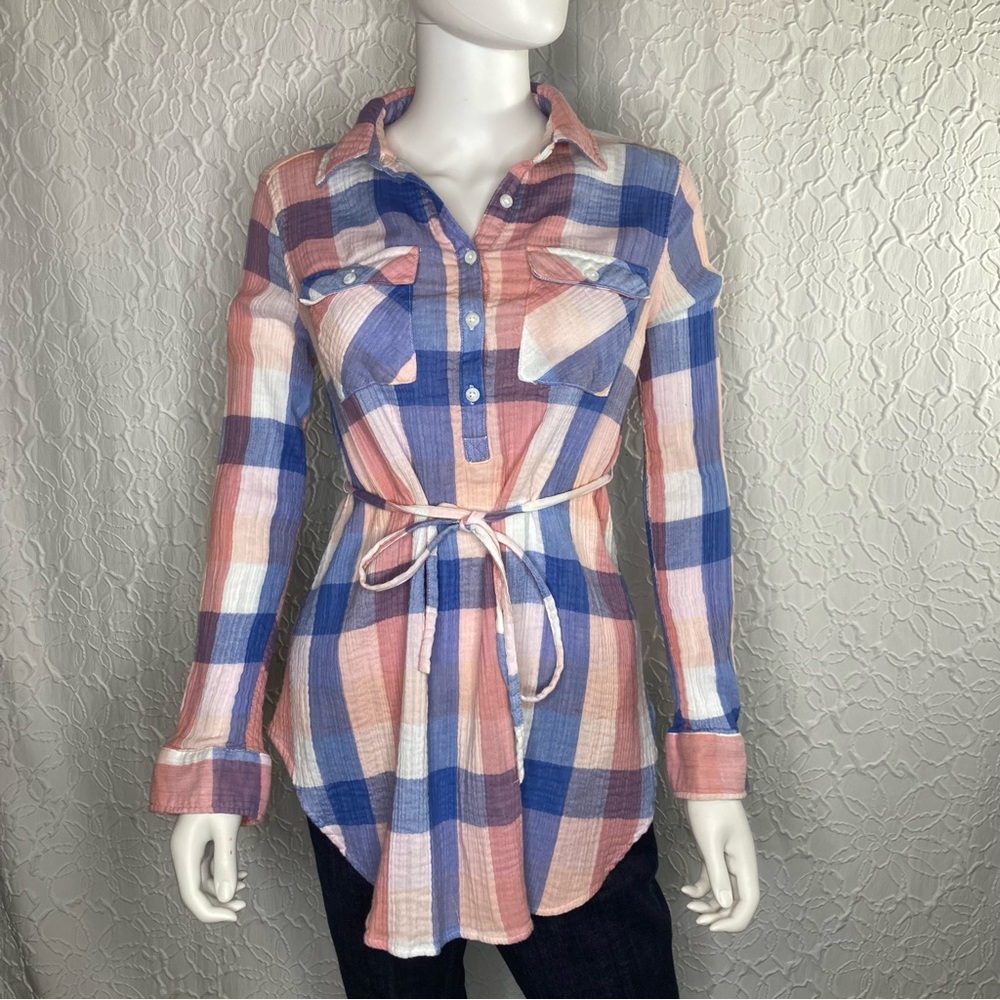 Isabel Maternity Plaid Tunic Top Pink Blue Tie Waist - Picture 2 of 14